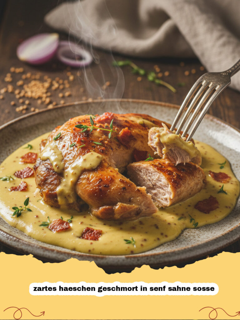 zartes haeschen geschmort in senf sahne sosse - Ein Teller mit zartem geschmortem Häschen in Senf-Sahne-Soße, garniert mit frischer Petersilie und dazu Spätzle.
