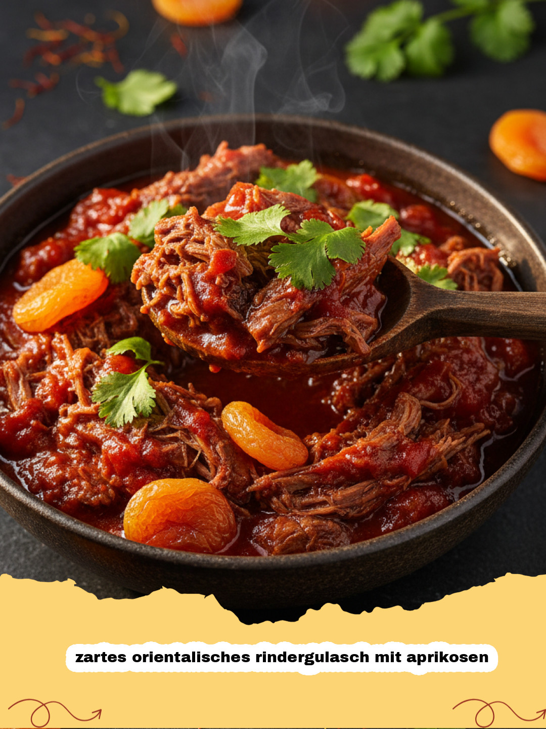 zartes orientalisches rindergulasch mit aprikosen - Ein dampfendes, zartes orientalisches Rindergulasch mit Aprikosen, serviert in einer rustikalen Schale.