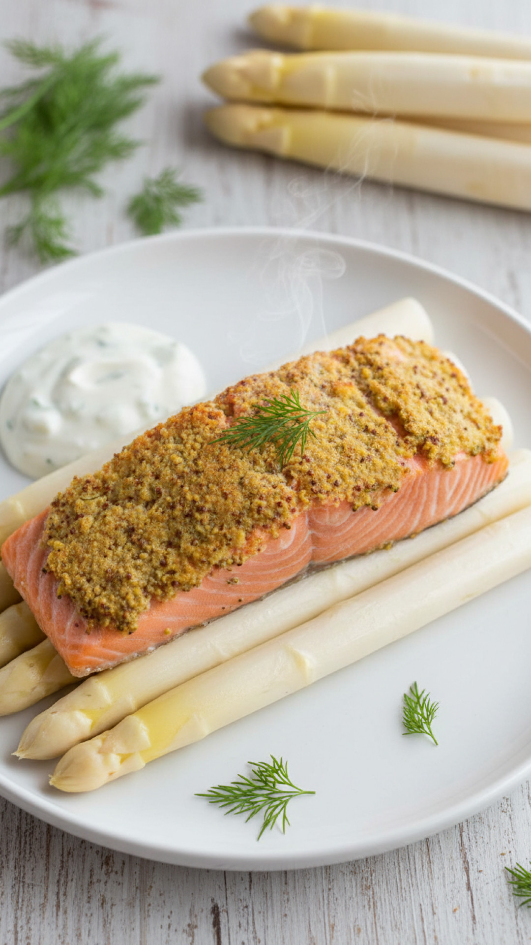 Zartes Seelachsfilet in Senf-Dill-Kruste auf Spargelgemüse Preparation