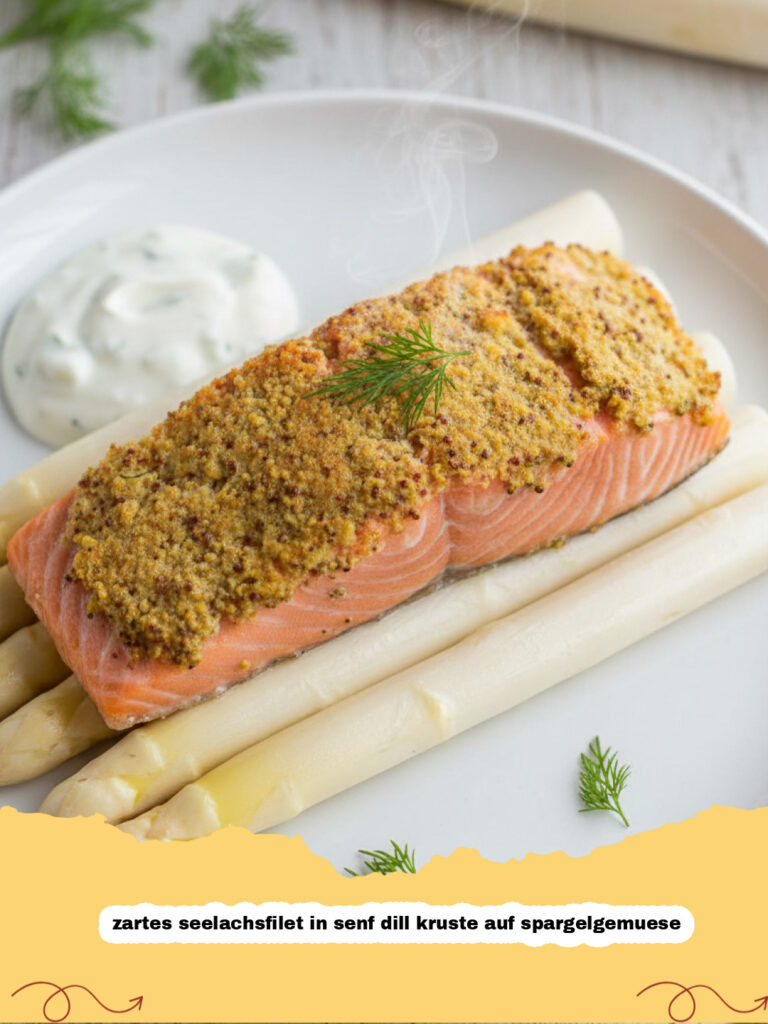 zartes seelachsfilet in senf dill kruste auf spargelgemuese - Zartes Seelachsfilet in Senf-Dill-Kruste auf Spargelgemüse, goldbraun gebacken auf einem Teller