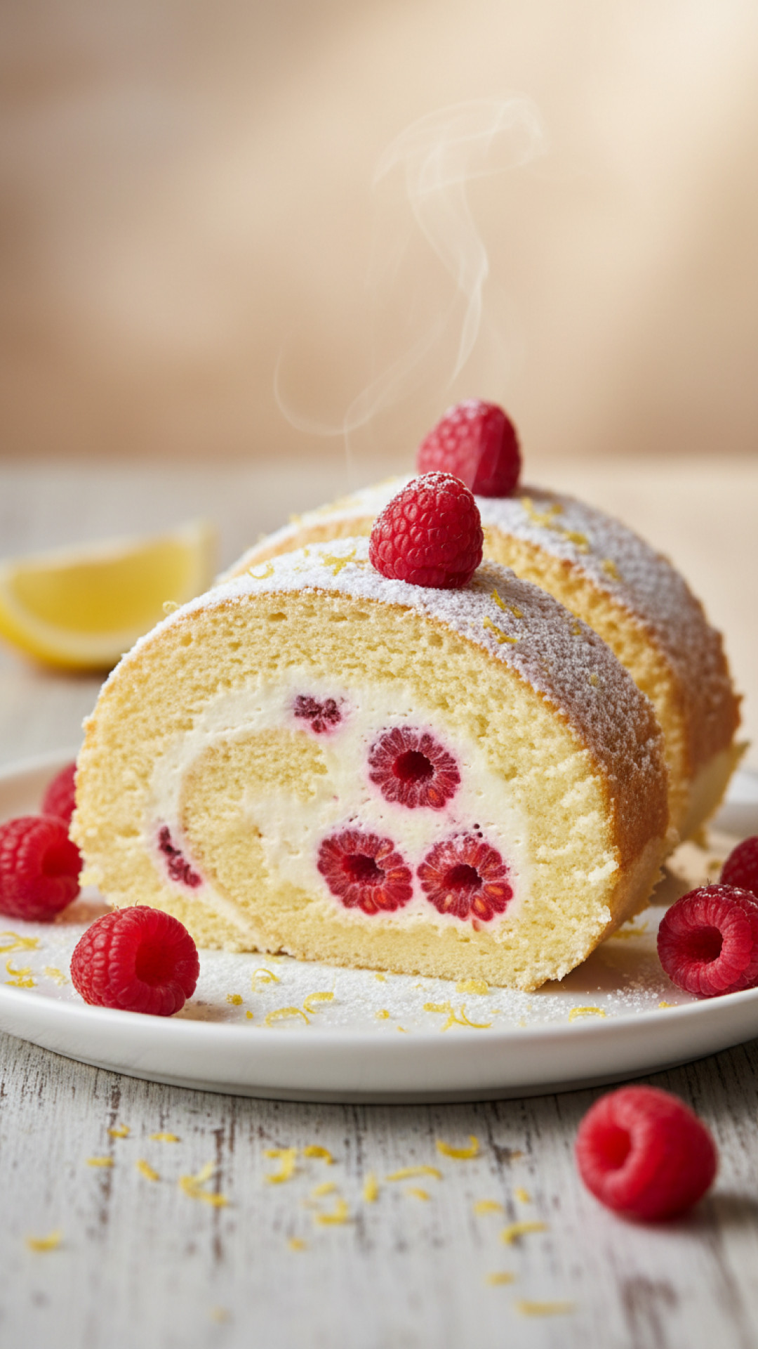 Zitronen Biskuitrolle mit frischen Himbeeren Preparation