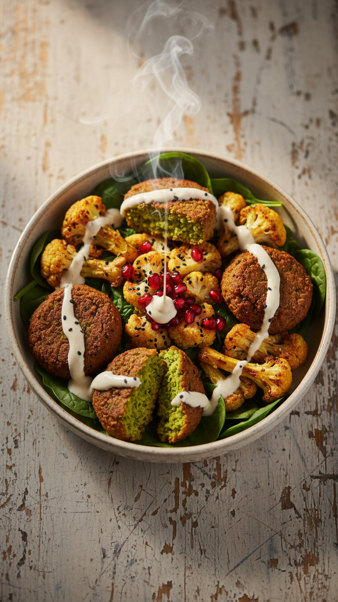Arabisch inspirierte Falafel Bowl mit Tahini Granatapfel Preparation