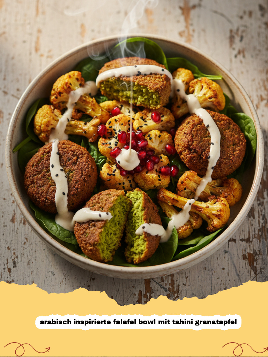 arabisch inspirierte falafel bowl mit tahini granatapfel - Blick von oben auf eine frisch zubereitete arabisch inspirierte Falafel Bowl mit Tahini Granatapfel, gefüllt mit Falafel, Hummus, Salat, Tomaten, Gurken und Granatapfelkernen.