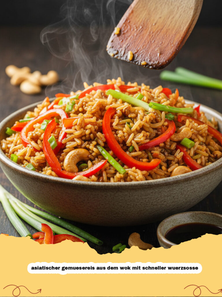 asiatischer gemuesereis aus dem wok mit schneller wuerzsosse - Asiatischer Gemüsereis aus dem Wok mit viel Gemüse und Garnelen, garniert mit Frühlingszwiebeln und Sesam.