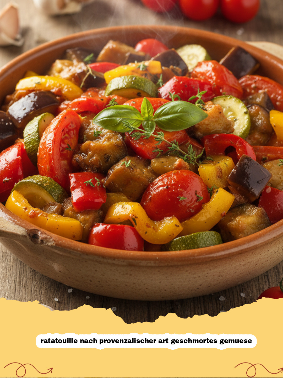 ratatouille nach provenzalischer art geschmortes gemuese - Frisch zubereitetes, buntes Ratatouille nach provenzalischer Art in einer rustikalen Schüssel, garniert mit frischen Kräutern.
