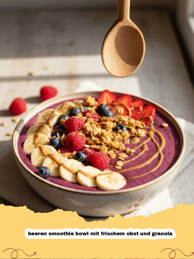 beeren smoothie bowl mit frischem obst und granola - Eine farbenfrohe Beeren Smoothie Bowl, garniert mit frischen Himbeeren, Heidelbeeren, Bananenscheiben und knusprigem Granola.