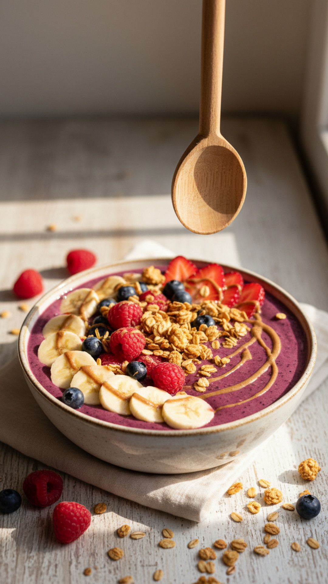 Beeren Smoothie Bowl mit Frischem Obst und Granola Preparation