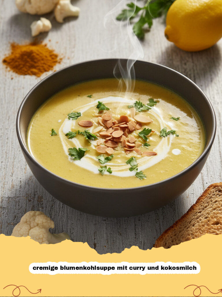 cremige blumenkohlsuppe mit curry und kokosmilch - Schüssel mit cremiger Blumenkohlsuppe, garniert mit frischem Koriander und gerösteten Kokoschips