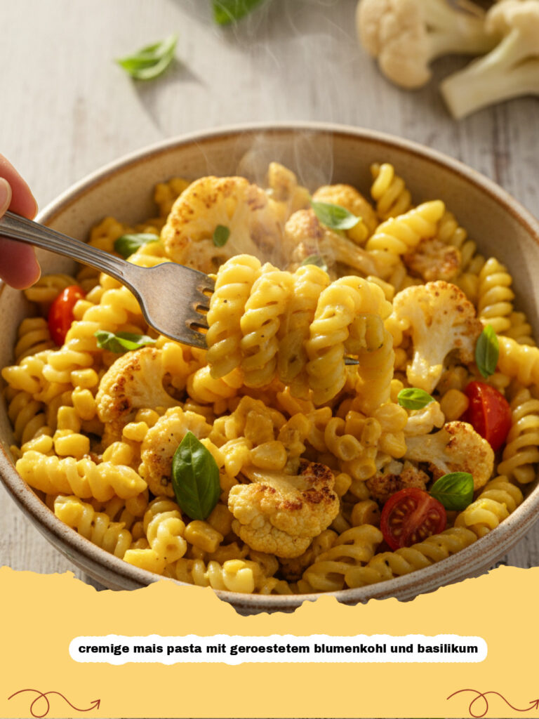 cremige mais pasta mit geroestetem blumenkohl und basilikum - Eine Schüssel cremige Mais Pasta mit geröstetem Blumenkohl und frischem Basilikum, bereit zum Servieren.