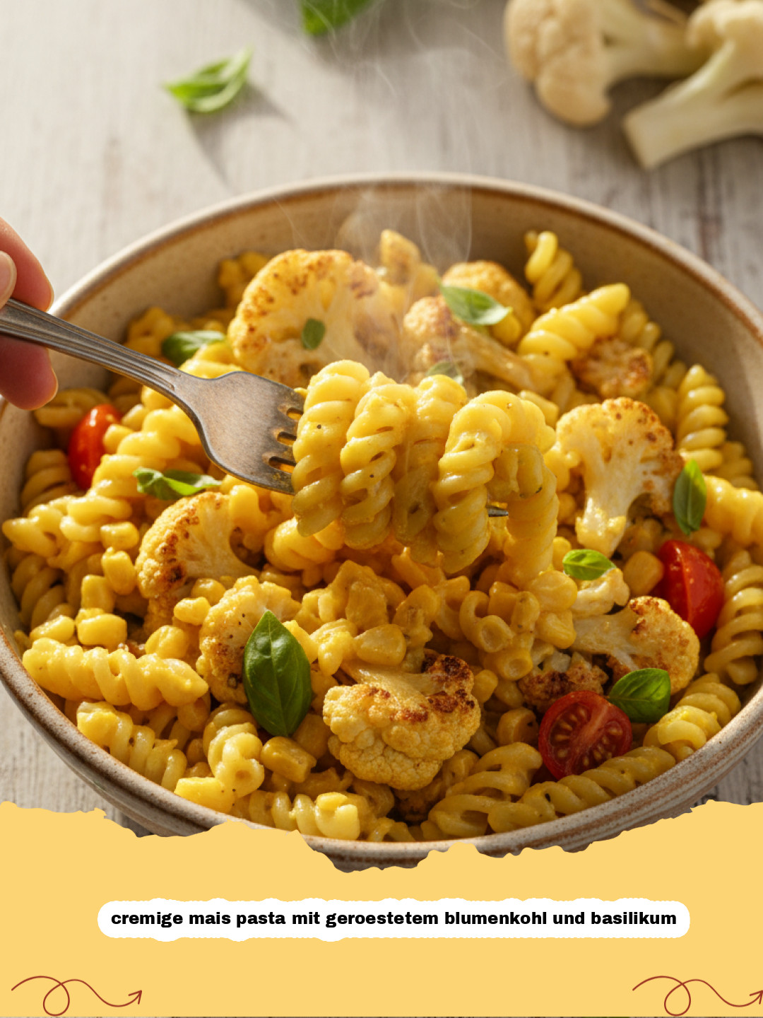 Ein Stück Sommer auf dem Teller: Cremige Mais Pasta mit Geröstetem Blumenkohl und Basilikum