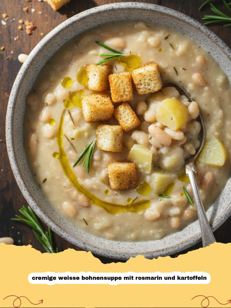 cremige weisse bohnensuppe mit rosmarin und kartoffeln - Eine Schüssel cremige weiße Bohnensuppe mit Rosmarin und Kartoffeln, garniert mit frischem Rosmarin und Olivenöl.