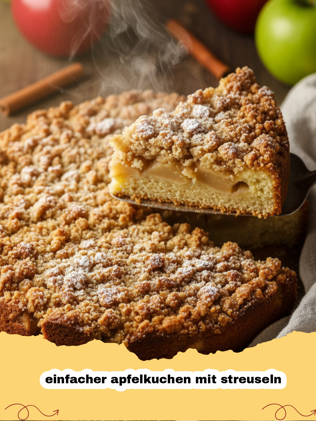 einfacher apfelkuchen mit streuseln - Ein Anschnitt eines einfachen Apfelkuchens mit knusprigen Streuseln, gefüllt mit saftigen Äpfeln, auf einem Kuchenteller.