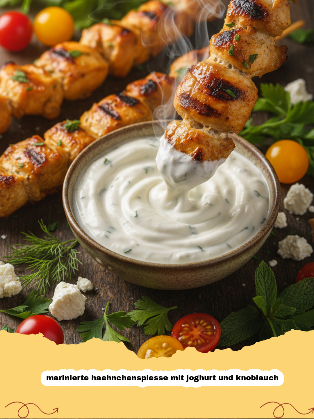 marinierte haehnchenspiesse mit joghurt und knoblauch - Nahaufnahme von perfekt gegrillten, marinierten Hähnchenspießen mit Joghurt und Knoblauch, verziert mit frischen Kräutern.