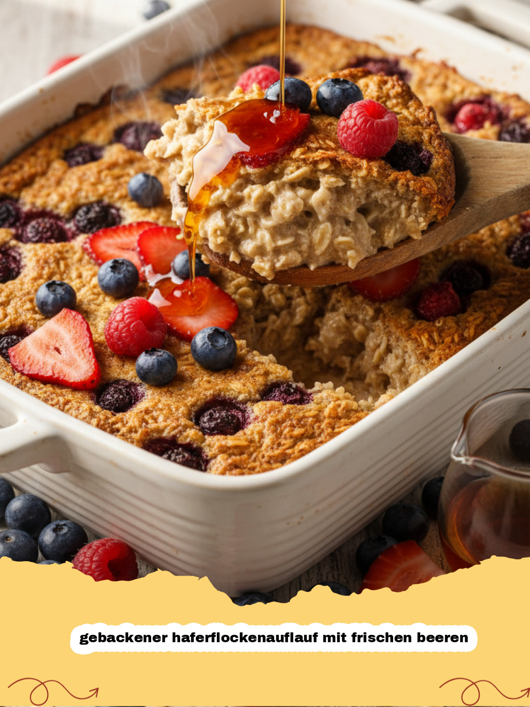 gebackener haferflockenauflauf mit frischen beeren - Ein goldbrauner gebackener Haferflockenauflauf mit frischen roten und blauen Beeren, Zimt und Ahornsirup