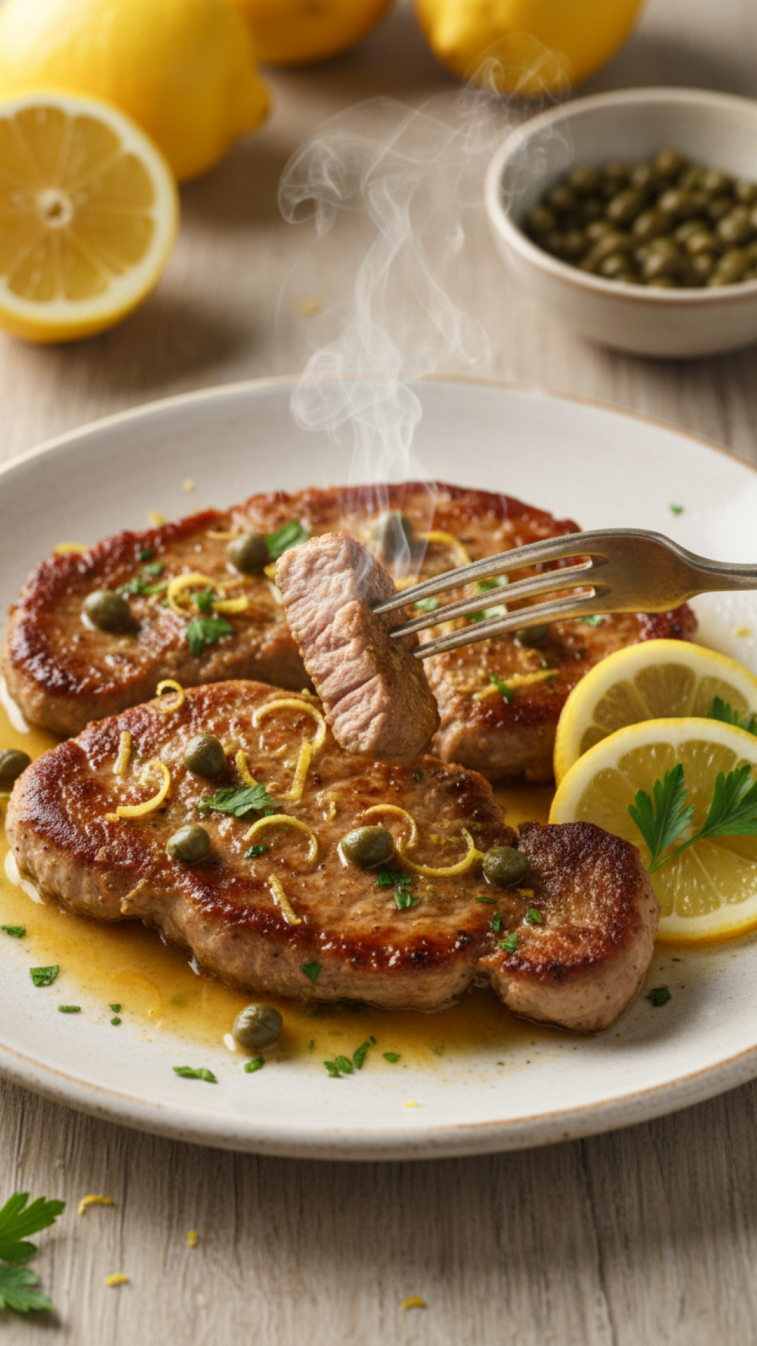 Gebratene Kalbsscaloppine mit Zitrone und Kapern Preparation