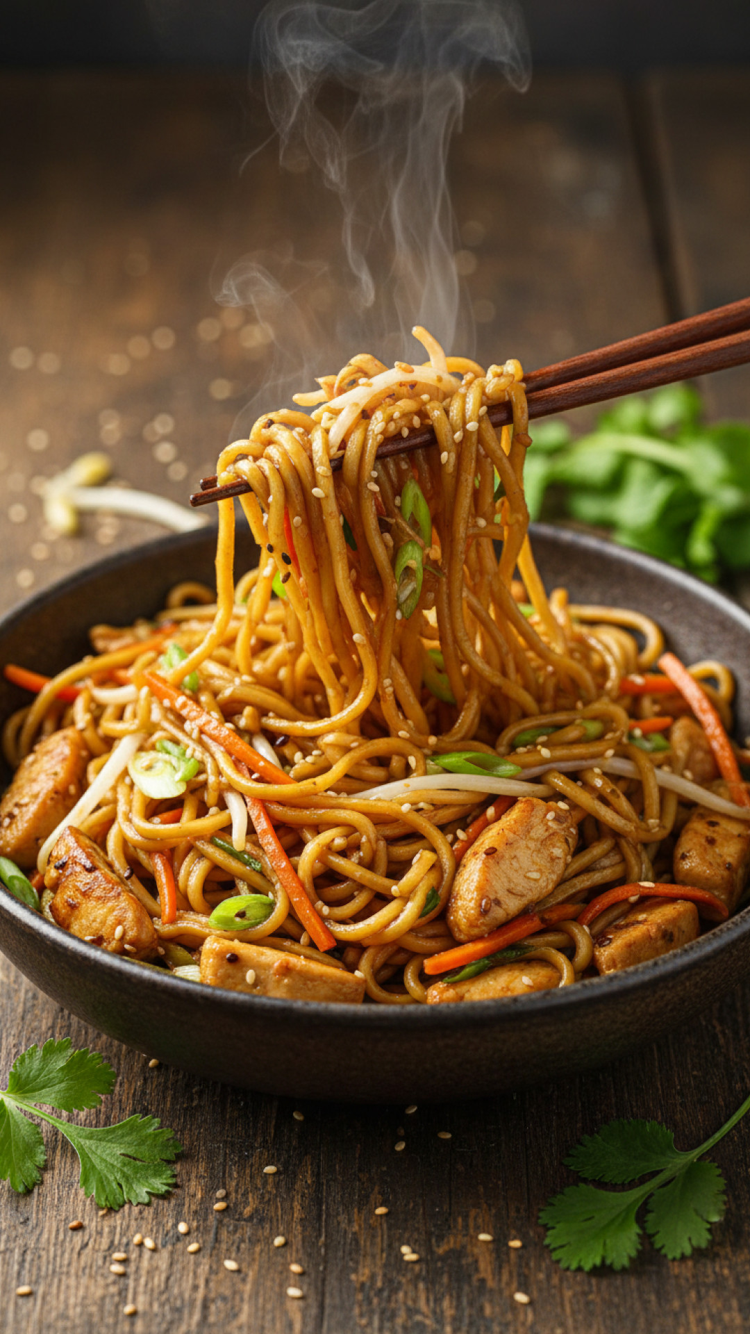 Gebratene Nudeln mit Hähnchen nach Asiatischer Art Preparation