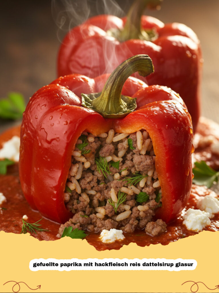 gefuellte paprika mit hackfleisch reis dattelsirup glasur - Nahaufnahme von gefüllter Paprika mit Hackfleisch, Reis und einer glänzenden Dattelsirup-Glasur, serviert in einer Auflaufform.