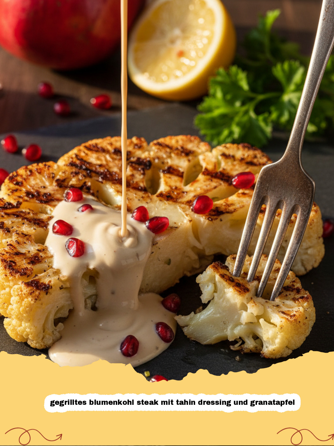 Das ultimative gegrillte Blumenkohl Steak mit Tahin Dressing und Granatapfel