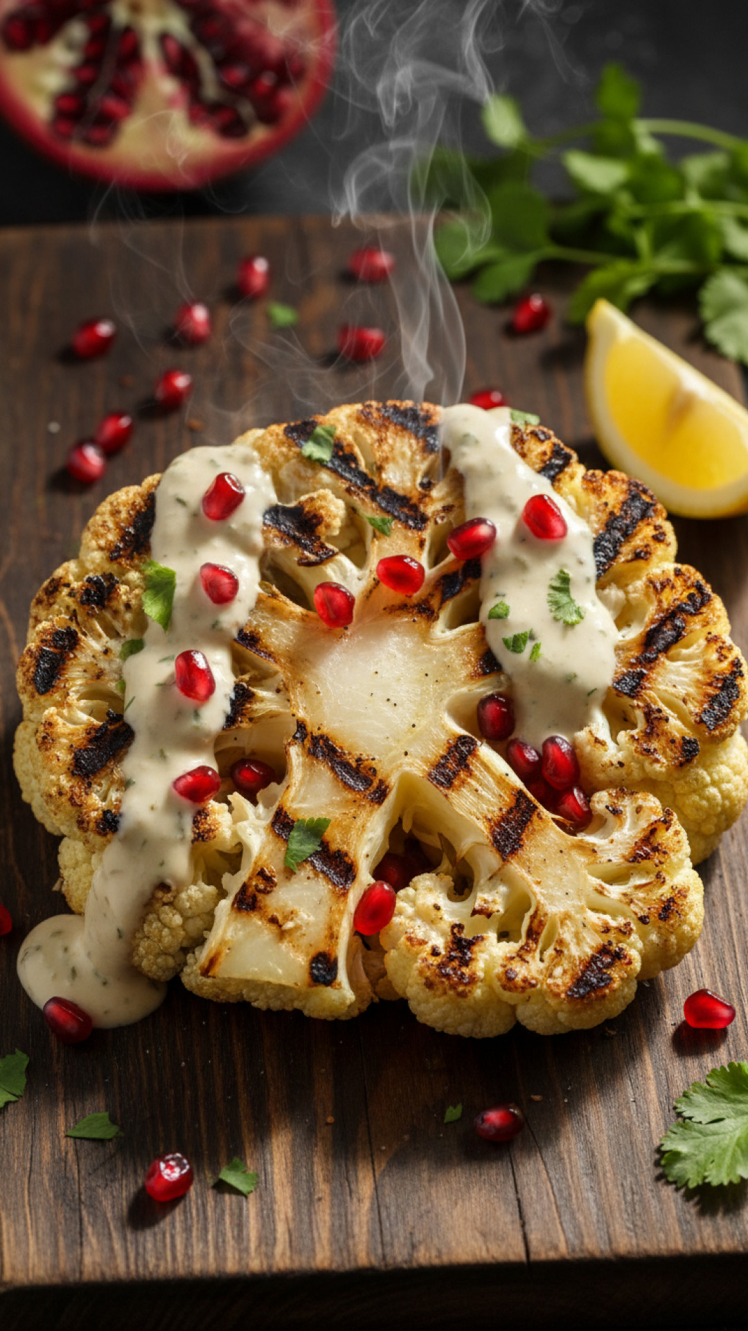 Gegrilltes Blumenkohl Steak mit Tahin Dressing und Granatapfel Preparation