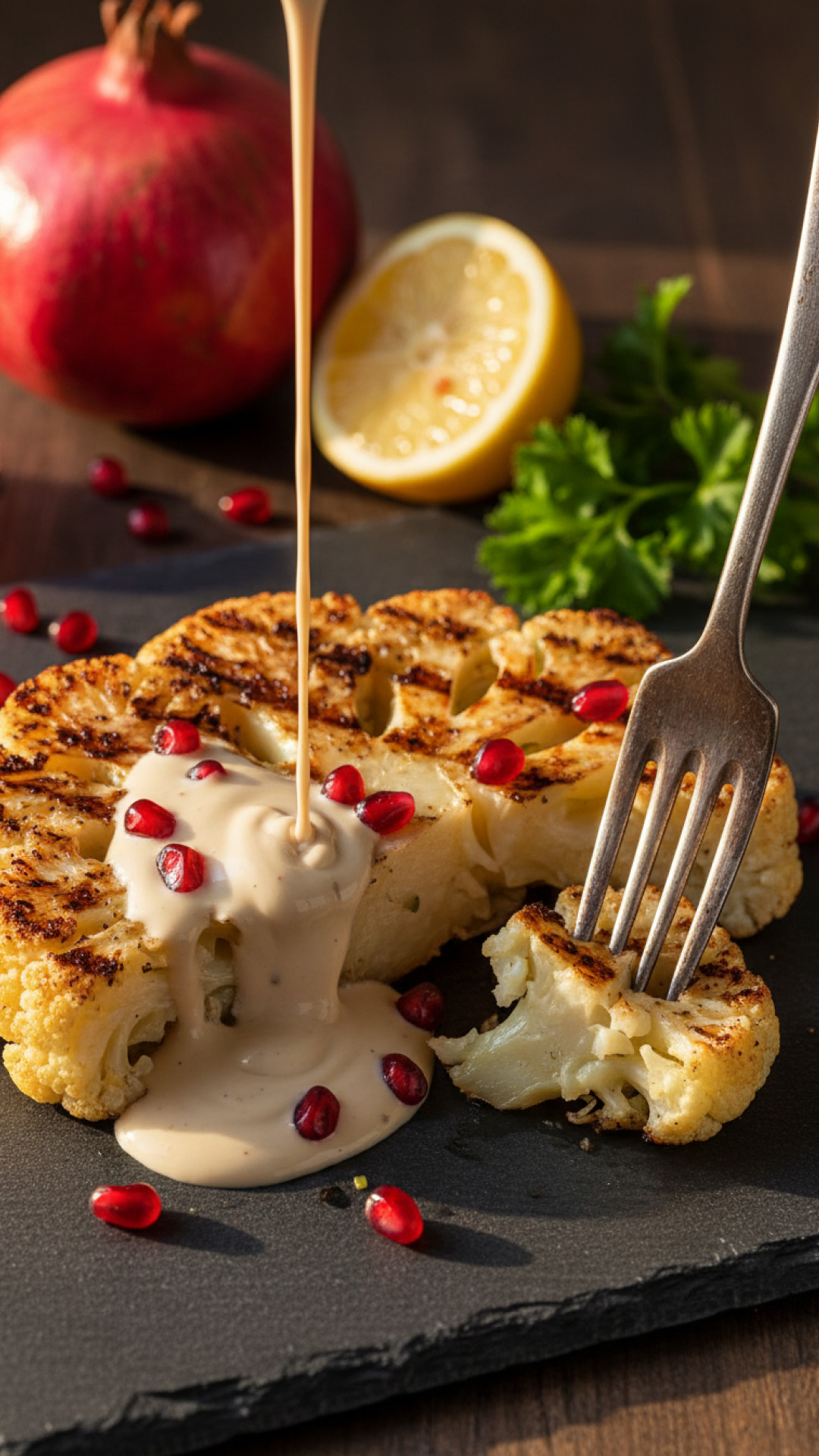 Gegrilltes Blumenkohl Steak mit Tahin Dressing und Granatapfel Preparation