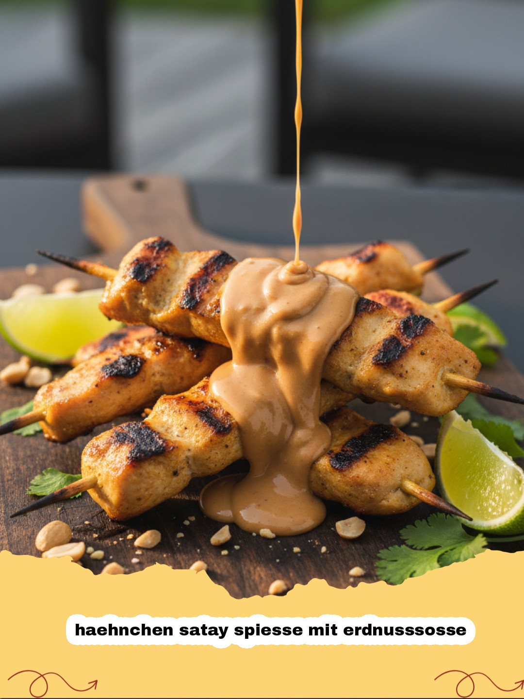 haehnchen satay spiesse mit erdnusssosse - Authentische Hähnchen Satay Spieße mit cremiger Erdnusssauce, garniert mit Koriander und gehackten Erdnüssen, auf einem Holzbrett serviert.