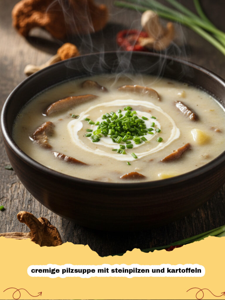 cremige pilzsuppe mit steinpilzen und kartoffeln - Eine dampfende Schüssel cremige Pilzsuppe mit Steinpilzen und Kartoffeln, garniert mit frischer Petersilie auf einem Holztisch.