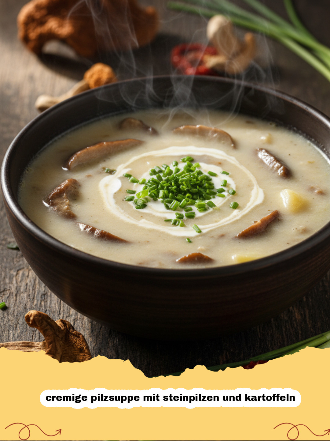 cremige pilzsuppe mit steinpilzen und kartoffeln - Eine dampfende Schüssel cremige Pilzsuppe mit Steinpilzen und Kartoffeln, garniert mit frischer Petersilie auf einem Holztisch.