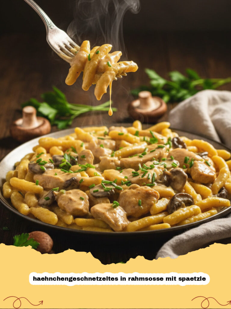 haehnchengeschnetzeltes in rahmsosse mit spaetzle - Ein Teller mit cremigem Hähnchengeschnetzeltem in Rahmsauce und dampfenden Spätzle, garniert mit frischer Petersilie.