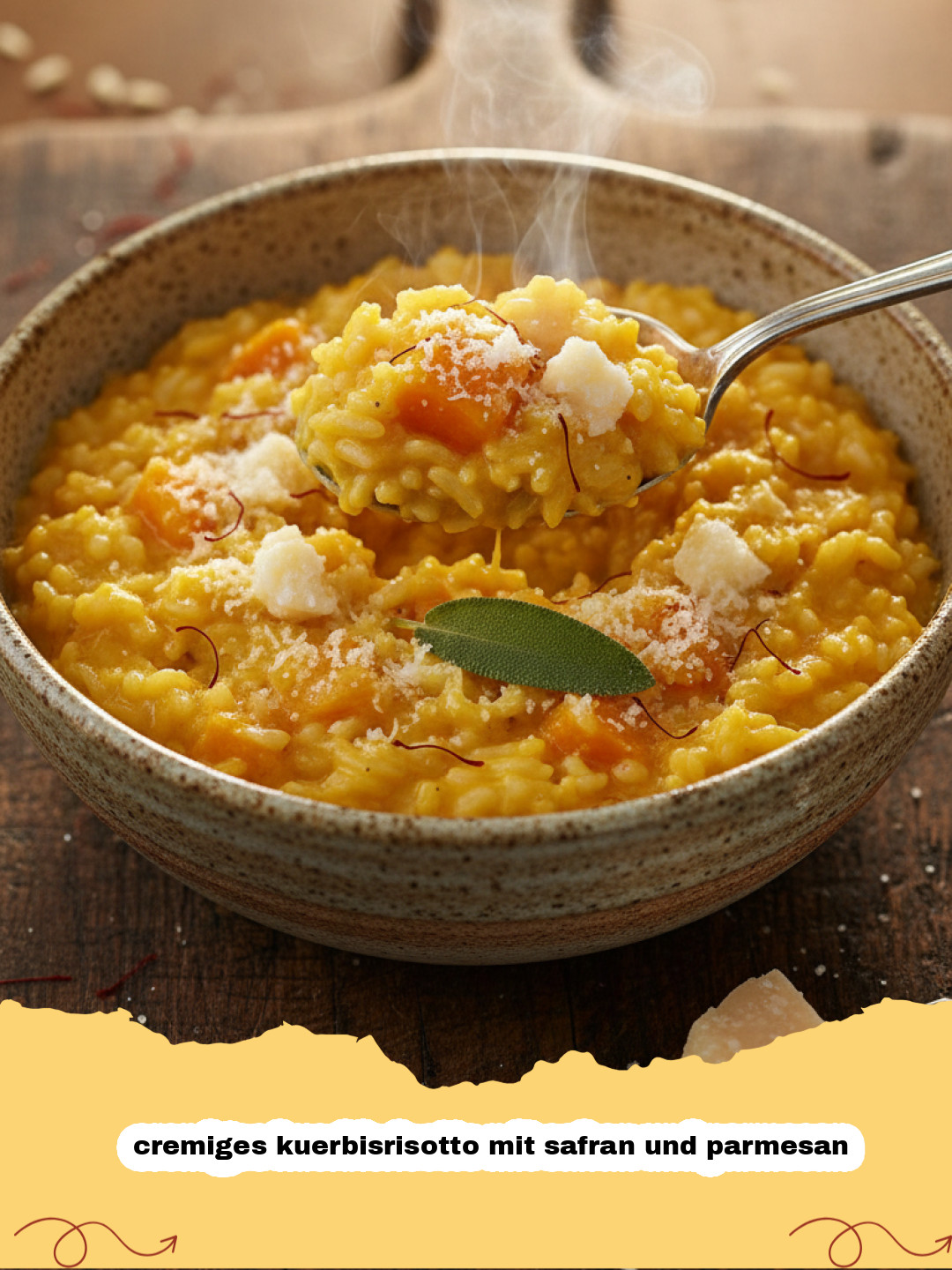cremiges kuerbisrisotto mit safran und parmesan - Cremiges Kürbisrisotto mit Safran, garniert mit Parmesan und frischer Petersilie, auf einem dunklen Teller.