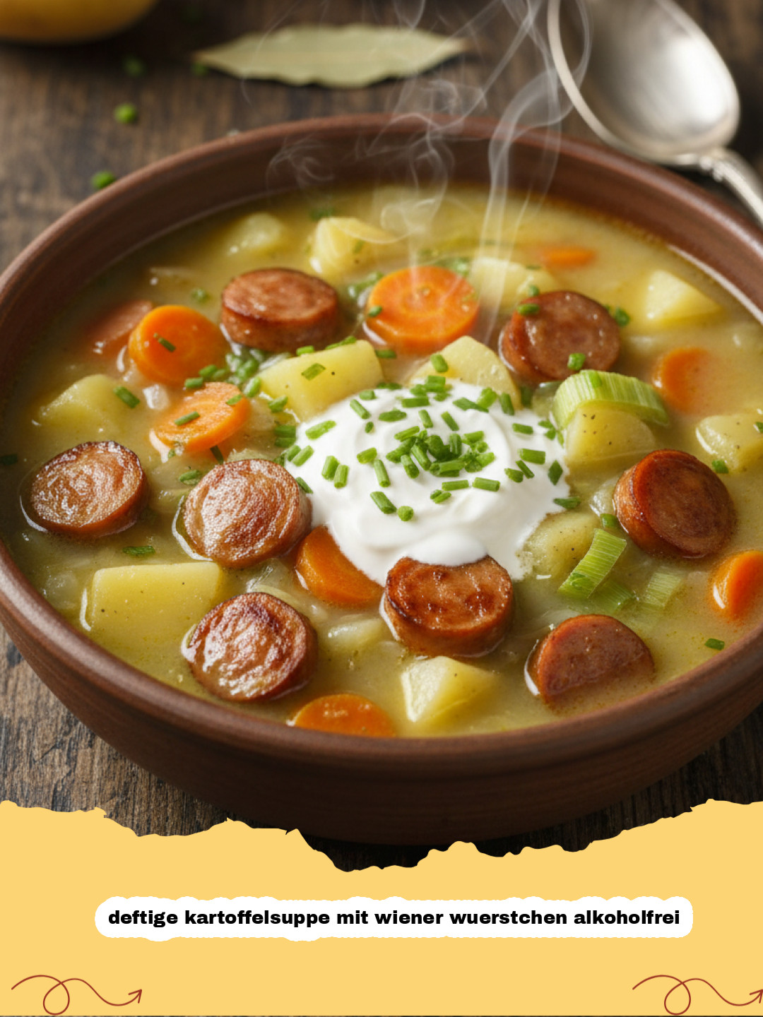 deftige kartoffelsuppe mit wiener wuerstchen alkoholfrei - Teller mit dampfender deftiger Kartoffelsuppe und Wiener Würstchen, garniert mit frischer Petersilie