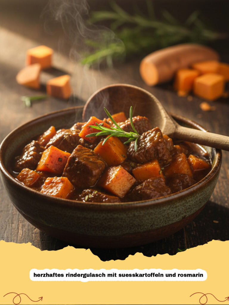 herzhaftes rindergulasch mit suesskartoffeln und rosmarin - Ein dampfendes herzhaftes Rindergulasch mit Süßkartoffeln und frischem Rosmarin, in einer rustikalen Schüssel angerichtet und bereit zum Servieren.
