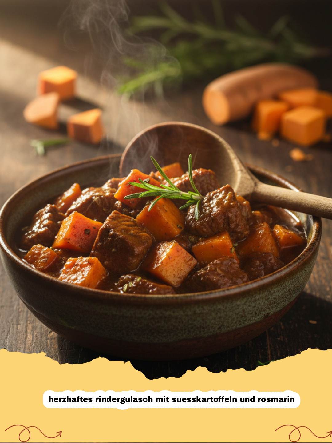 herzhaftes rindergulasch mit suesskartoffeln und rosmarin - Ein dampfendes herzhaftes Rindergulasch mit Süßkartoffeln und frischem Rosmarin, in einer rustikalen Schüssel angerichtet und bereit zum Servieren.