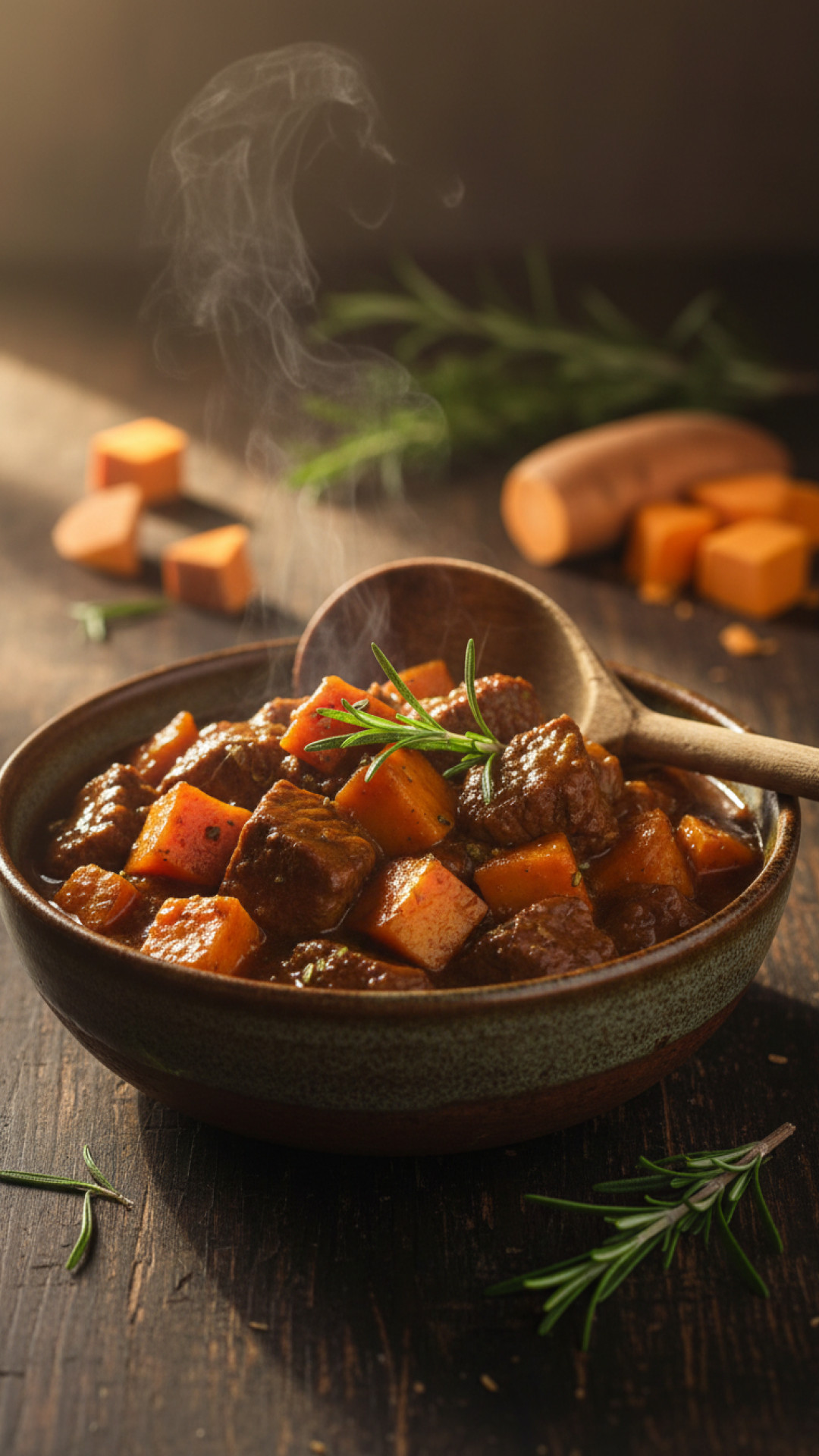 Herzhaftes Rindergulasch mit Süßkartoffeln und Rosmarin Preparation