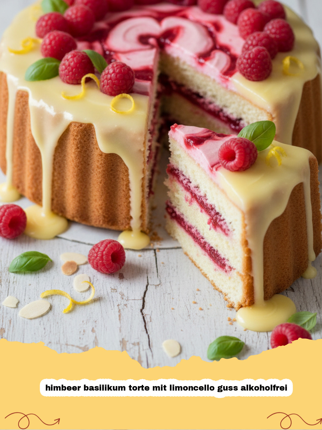 himbeer basilikum torte mit limoncello guss alkoholfrei - Eine köstliche Himbeer-Basilikum-Torte mit einem glänzenden Limoncello-Guss, verziert mit frischen Himbeeren und Basilikumblättern.
