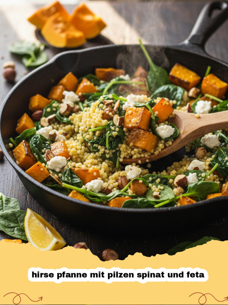 hirse pfanne mit pilzen spinat und feta - Appetitliche Hirse Pfanne mit Pilzen, Spinat und zerbröseltem Feta in einer rustikalen Pfanne, garniert mit frischen Kräutern.