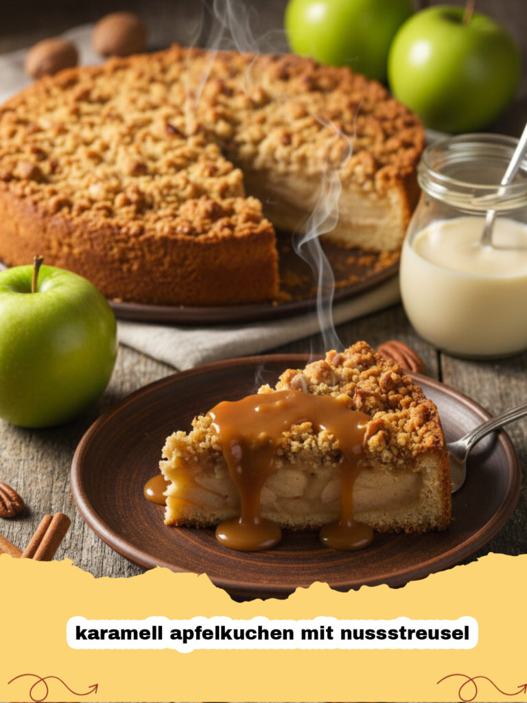karamell apfelkuchen mit nussstreusel - Ein goldbrauner Karamell Apfelkuchen mit Nussstreusel auf einem Holzbrett, angeschnitten, mit einer Kugel Vanilleeis daneben.