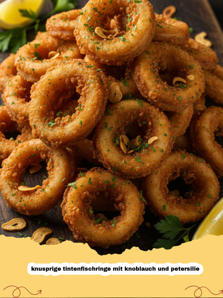 knusprige tintenfischringe mit knoblauch und petersilie - Teller mit goldbraun frittierten, knusprigen Tintenfischringen, garniert mit frischer Petersilie und Zitronenspalten, auf einem dunklen Holztisch