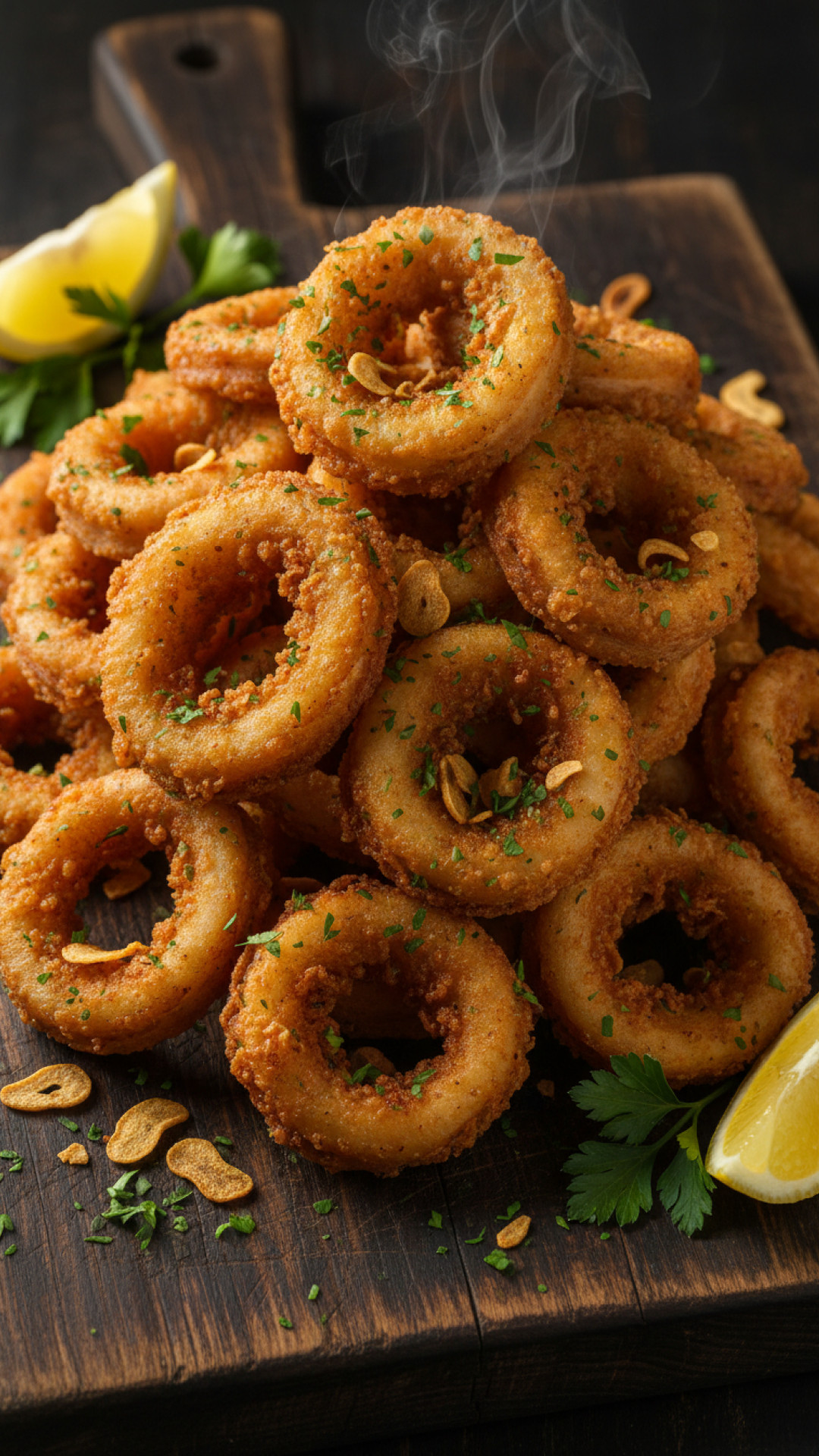 Knusprige Tintenfischringe mit Knoblauch und Petersilie Preparation