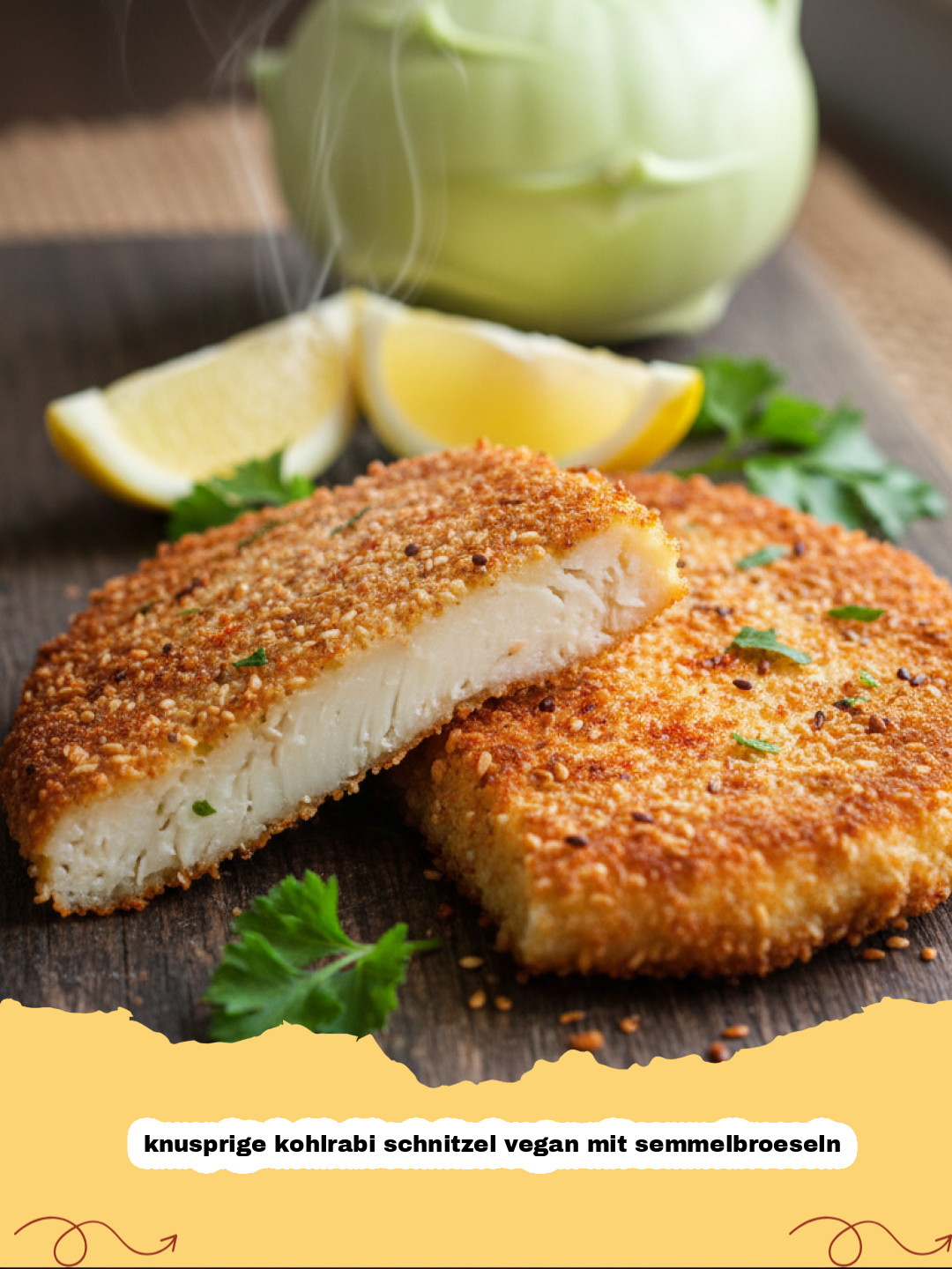 knusprige kohlrabi schnitzel vegan mit semmelbroeseln - Goldbraun gebratene knusprige Kohlrabi Schnitzel vegan mit Semmelbröseln auf einem Teller mit frischer Petersilie und Zitronenspalten.