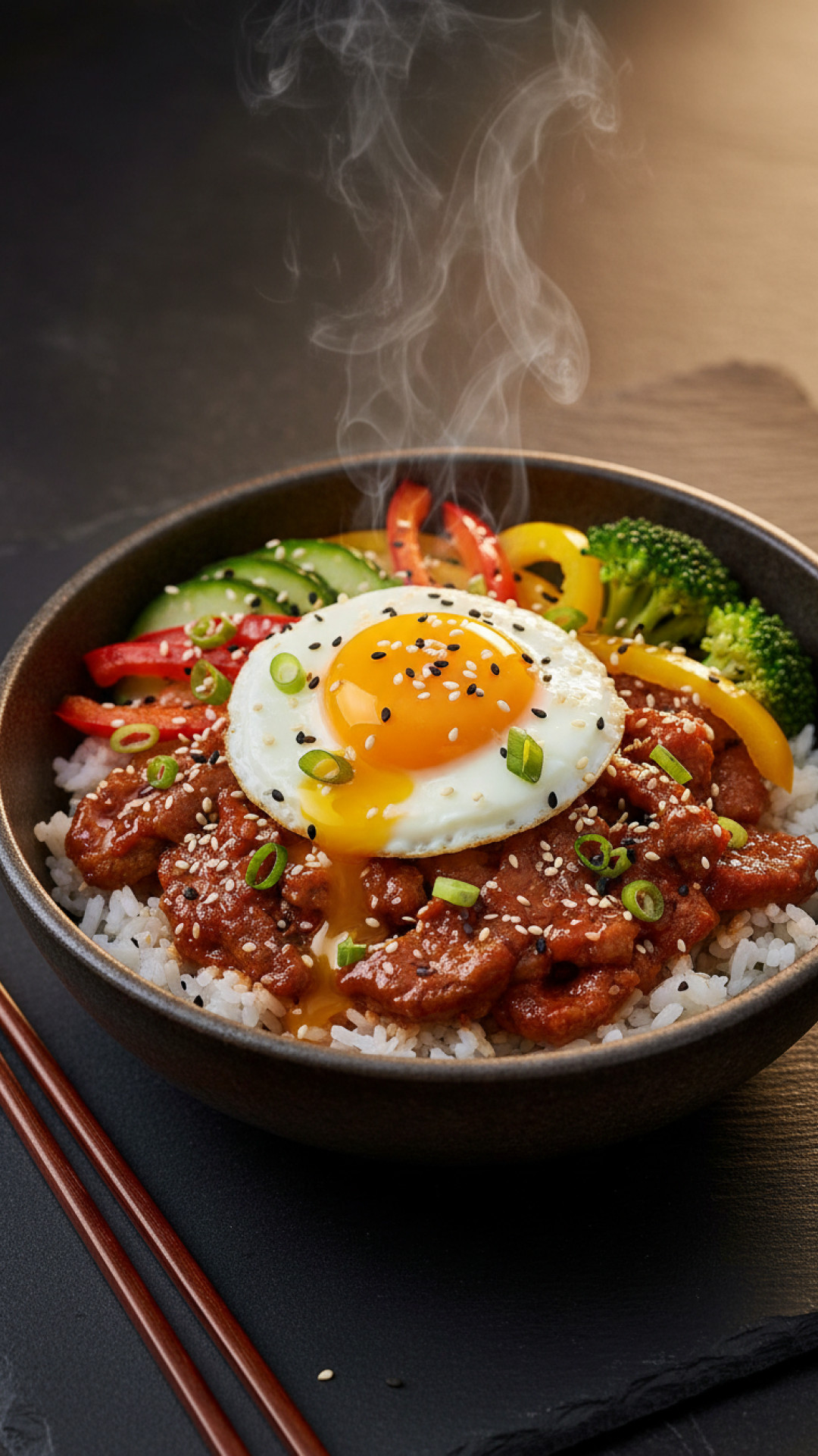 Koreanische Feuerfleisch Bowl mit Rind und Gemüse Preparation