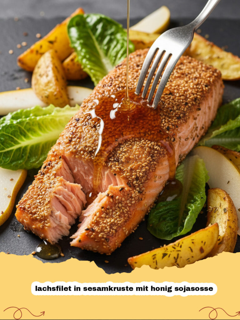 lachsfilet in sesamkruste mit honig sojasosse - Ein perfekt gebratenes Lachsfilet in goldbrauner Sesamkruste, beträufelt mit glänzender Honig-Sojasauce und garniert mit frischen Frühlingszwiebeln auf einem Teller.