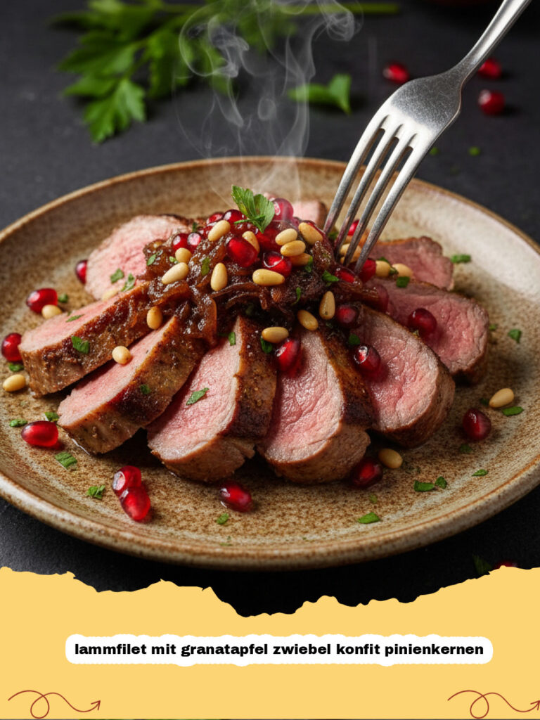 lammfilet mit granatapfel zwiebel konfit pinienkernen - Zartes Lammfilet mit glänzender Granatapfel-Zwiebel-Konfit und gerösteten Pinienkernen auf einem Teller angerichtet.
