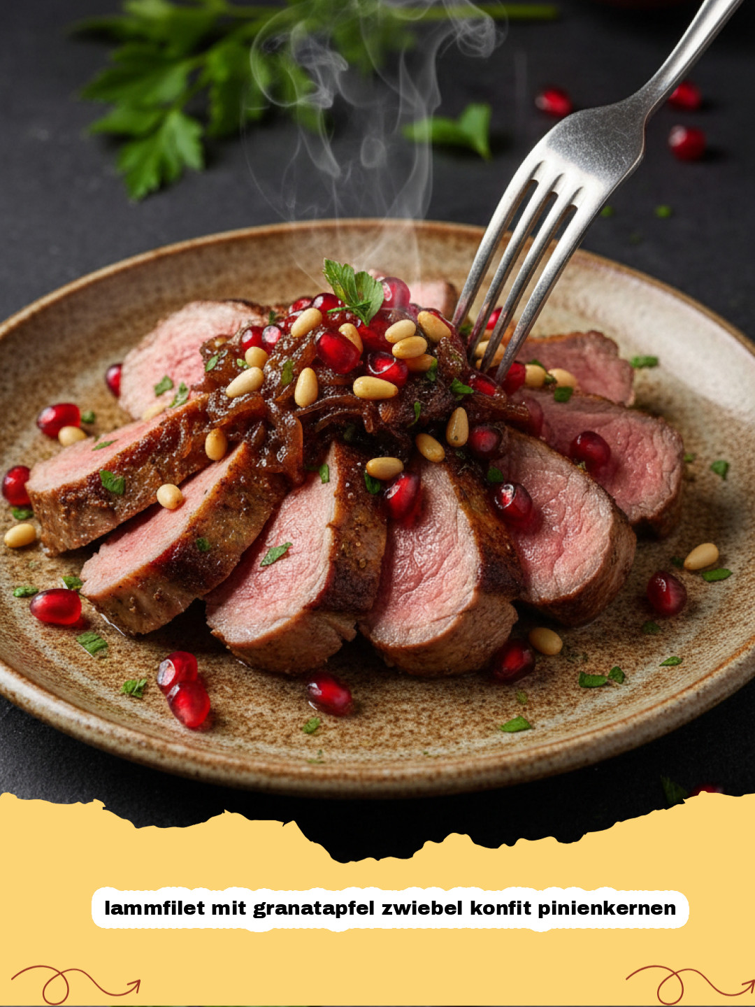 Lammfilet mit Granatapfel-Zwiebel-Konfit und Pinienkernen: Ein Festmahl für die Sinne
