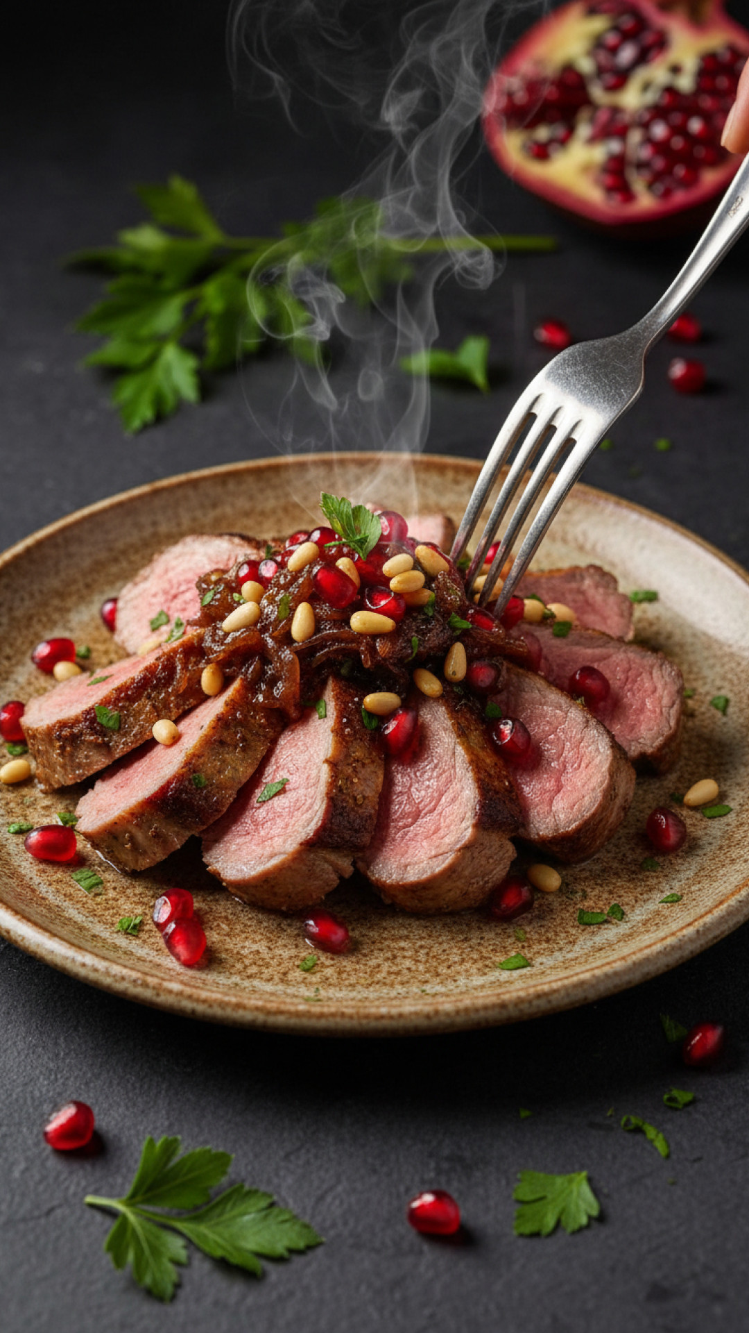 Lammfilet mit Granatapfel-Zwiebel-Konfit und Pinienkernen Preparation