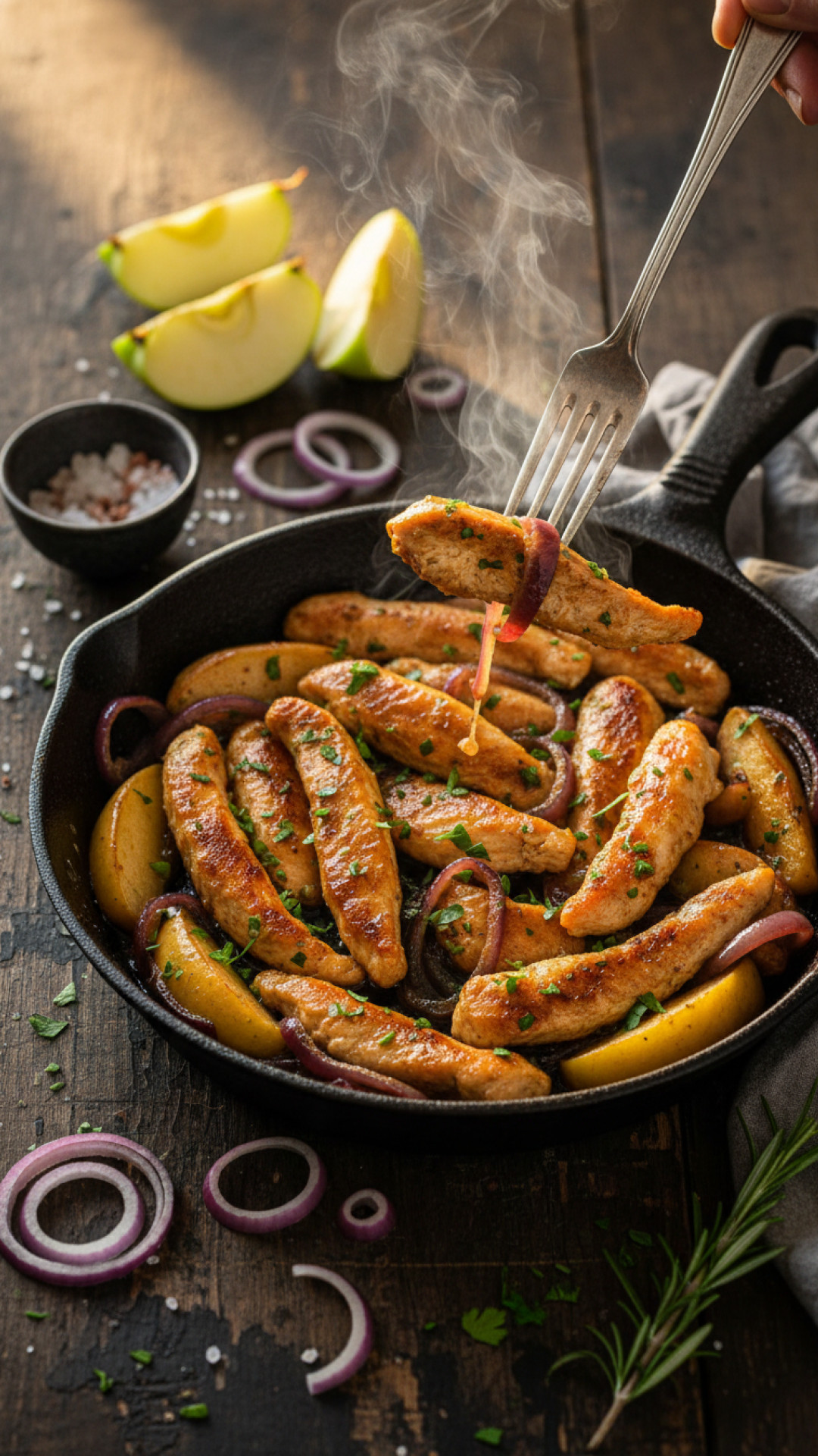 Mariniertes Hähnchengeschnetzeltes mit Balsamico-Zwiebeln und Äpfeln Preparation