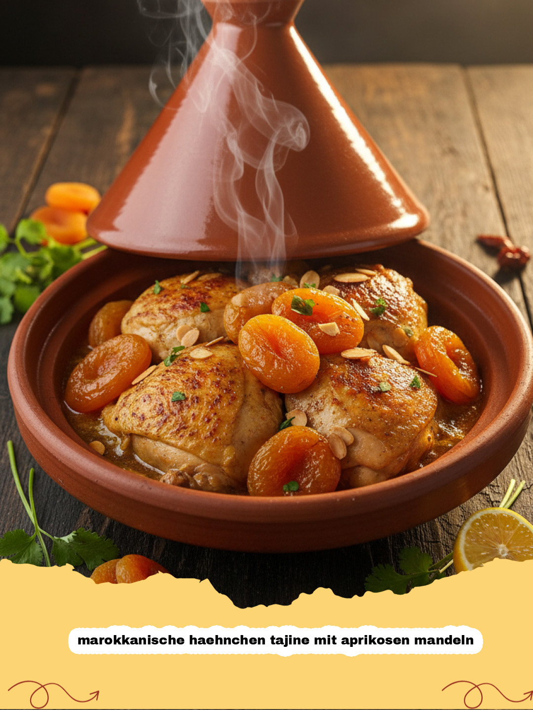 marokkanische haehnchen tajine mit aprikosen mandeln - Authentische marokkanische Hähnchen-Tajine mit Aprikosen und Mandeln in einem Tontopf serviert