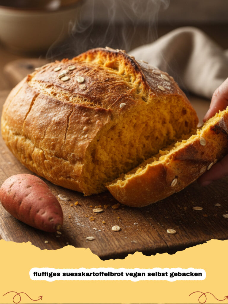 fluffiges suesskartoffelbrot vegan selbst gebacken - Ein frisch gebackenes, goldbraunes, fluffiges Süßkartoffelbrot vegan selbst gebacken, angeschnitten, mit sichtbarer weicher Krume und kleinen Süßkartoffelstücken.