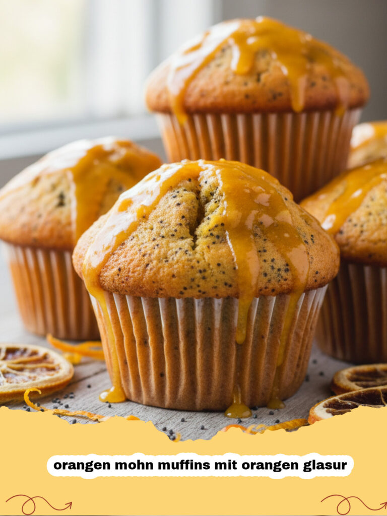 orangen mohn muffins mit orangen glasur - Ein Stapel saftiger Orangen-Mohn-Muffins, großzügig mit einer glänzenden Orangenglasur beträufelt, auf einem Holzbrett.