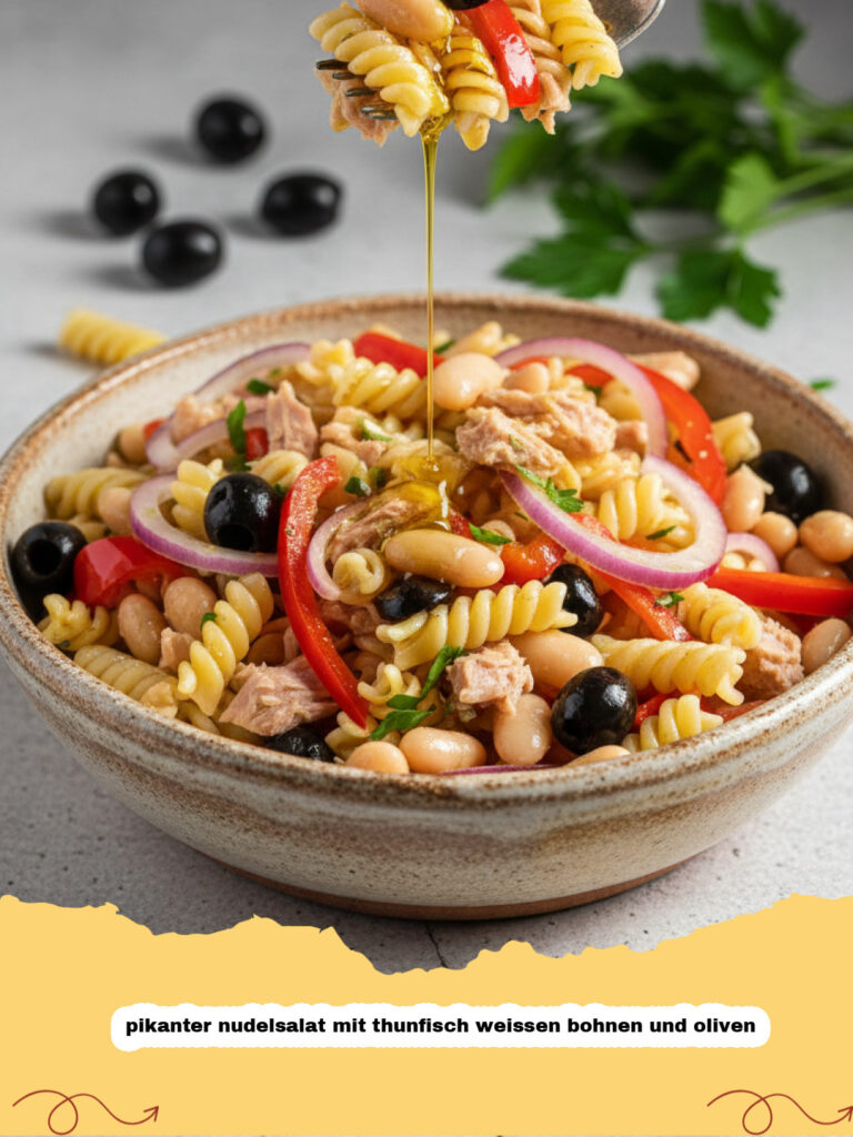 pikanter nudelsalat mit thunfisch weissen bohnen und oliven - Ein appetitlicher pikanter Nudelsalat mit Thunfisch, weißen Bohnen und Oliven in einer Schüssel, garniert mit frischer Petersilie.