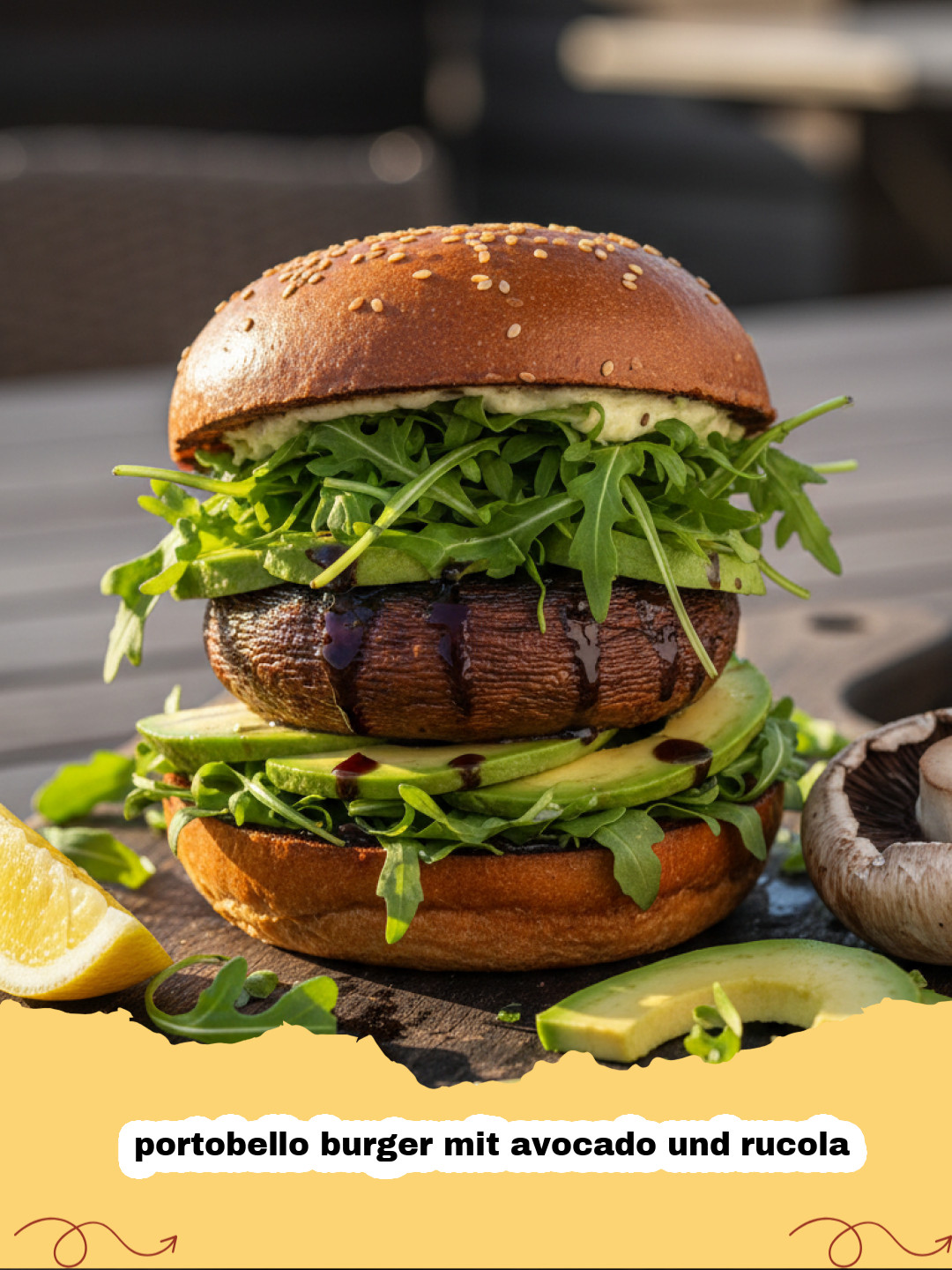 portobello burger mit avocado und rucola - Ein appetitlicher Portobello Burger mit Avocado, Rucola und Zwiebelringen auf einem Holzbrett, servierfertig.